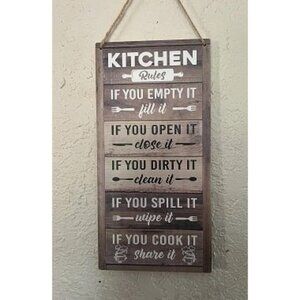 New Hanging Kitchen Rules Wood Decor Sign, Rustic Kitchen Wooden Signs, Printed
